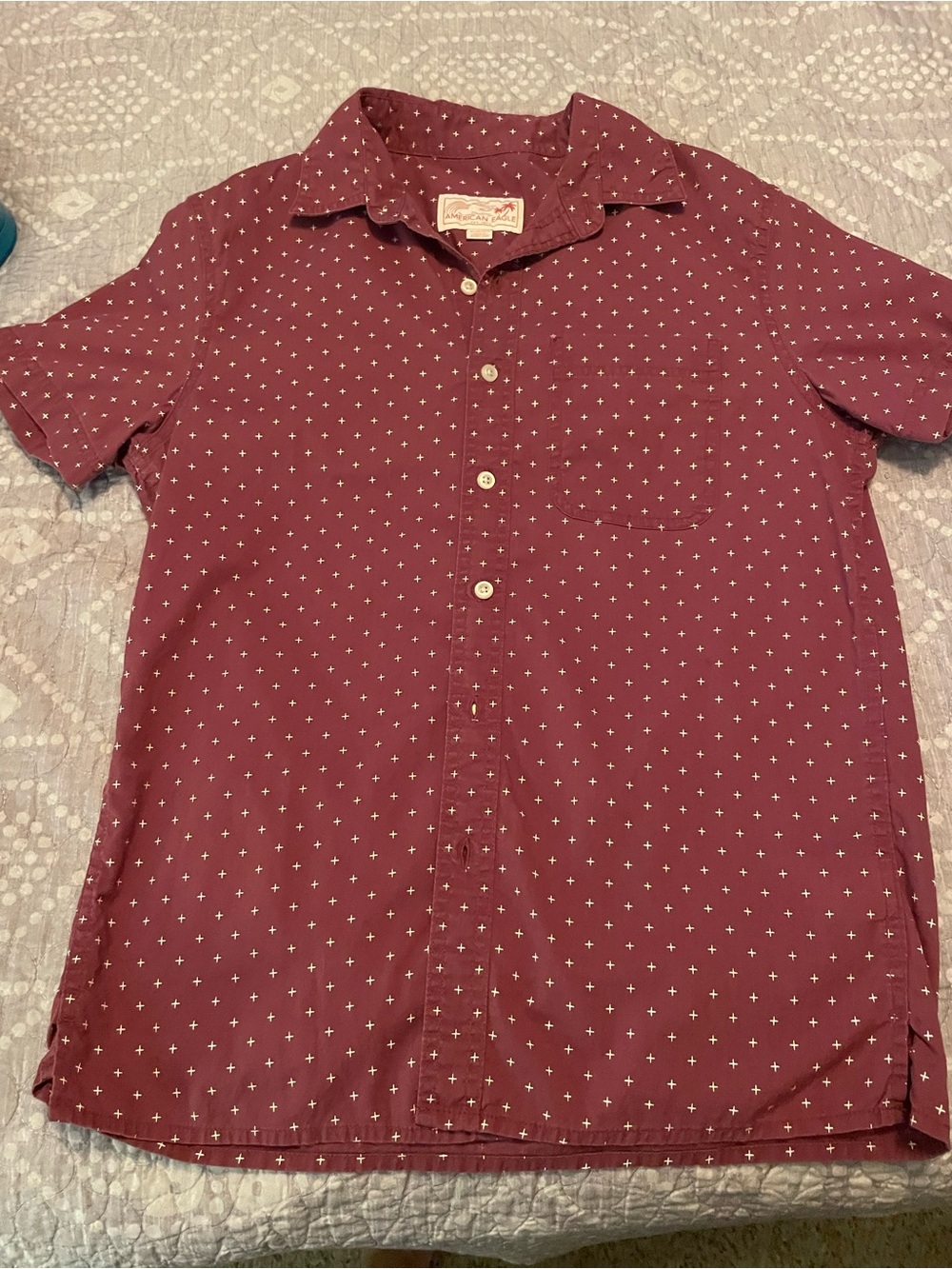 Short-Sleeve Burgundy Button-Up Shirt with Micro Print